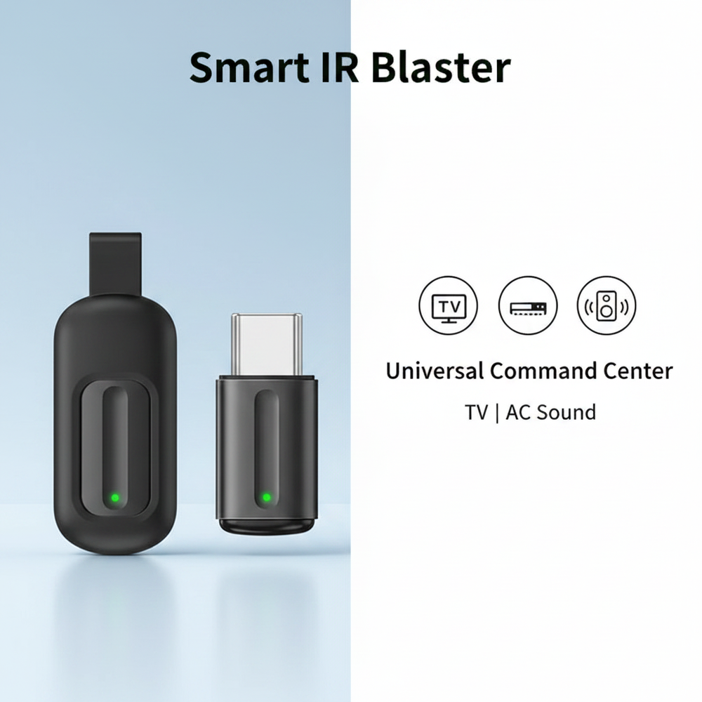 Sleek, modern universal infrared phone remote control on a soft gradient background.