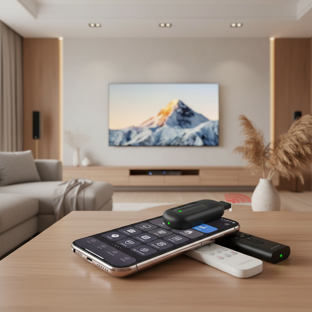 A modern living room coffee table with a smartphone acting as a universal remote, replacing several traditional remotes, show